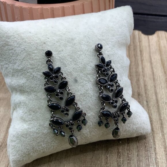 Monet Black Rhinestone Silver Tone Chandelier Beaded Stud Earrings - Picture 3 of 8